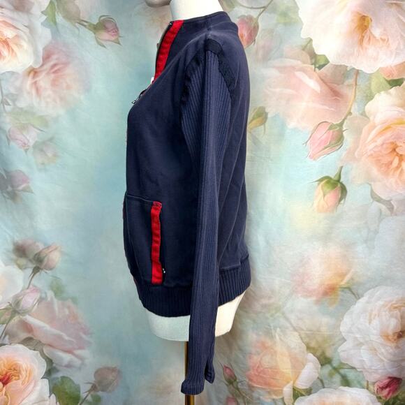 Vintage Villager Sport By Liz Claiborne Navy Blue & Red Striped Zip Up Sweater - Picture 2 of 4